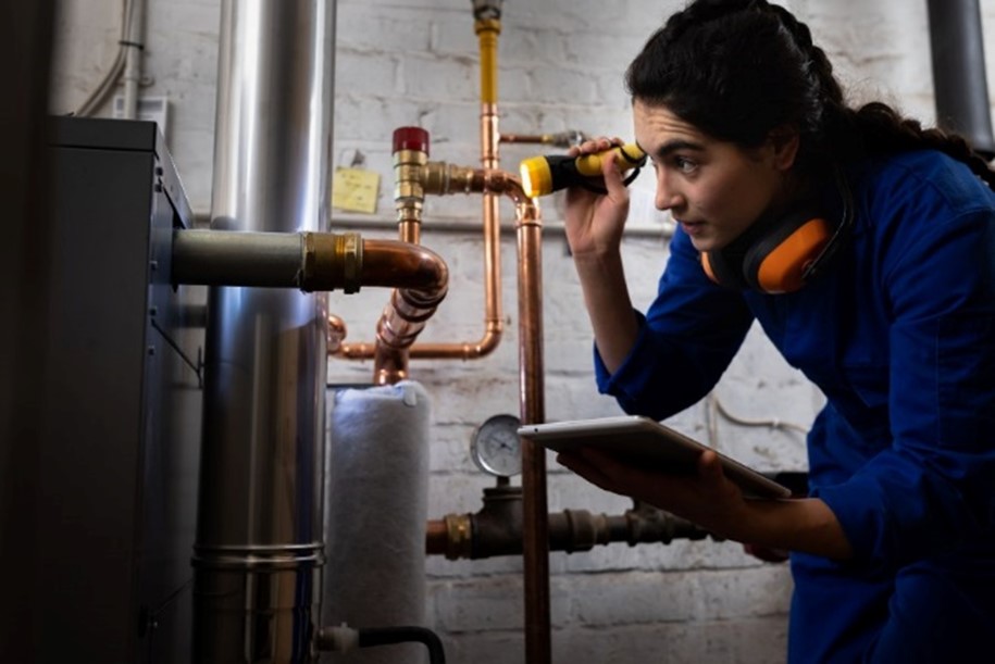 Technician inspecting a water heater for maintenance or repair