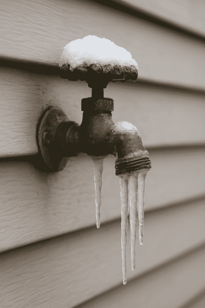 Frozen Outdoor Water Faucet with Ice Buildup on the Spigot