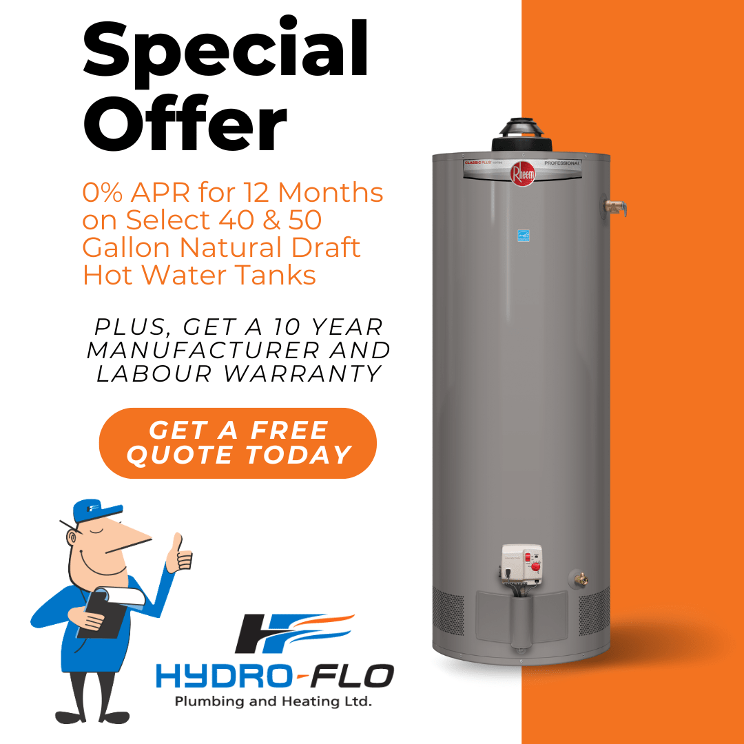 Promotional Image Showing Rheem Hot Water Tank Special Offer Available Now in Edmonton, AB