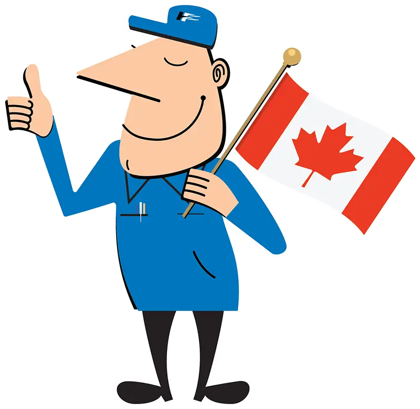 Hydro-Flo Joe giving thumbs up and holding Canadian flag