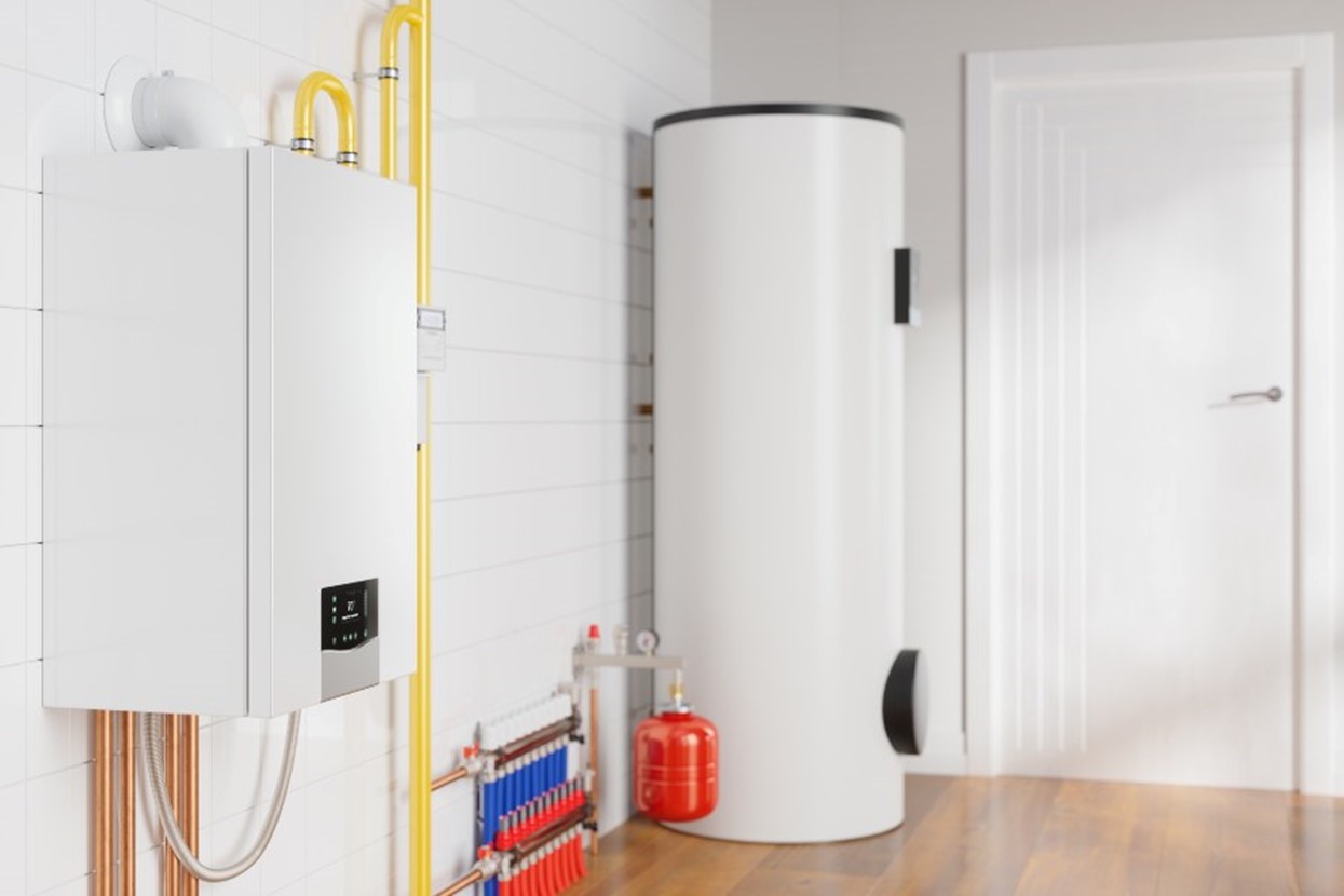 White water heater tank with black handle for temperature control
